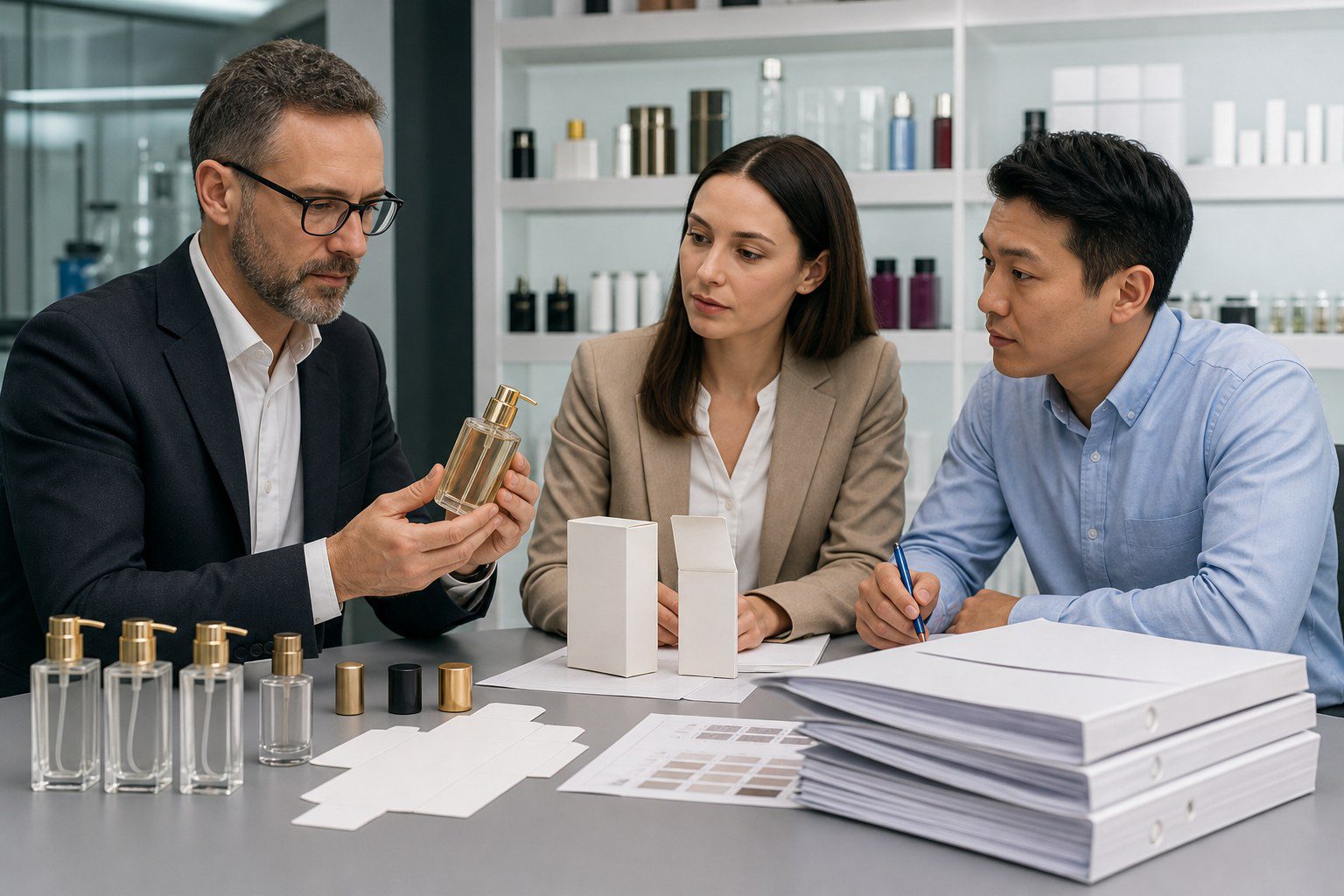 B2B team reviewing private label fragrance packaging compliance and golden samples