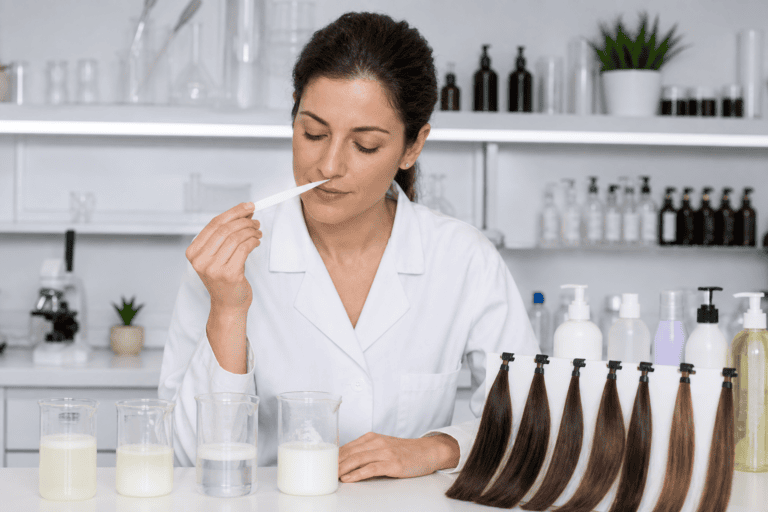 Cosmetic scientist evaluating shampoo fragrance performance with hair tresses