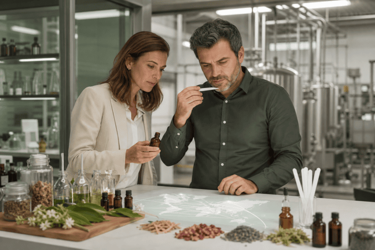 B2B team reviewing sustainable fragrance sourcing and raw material traceability