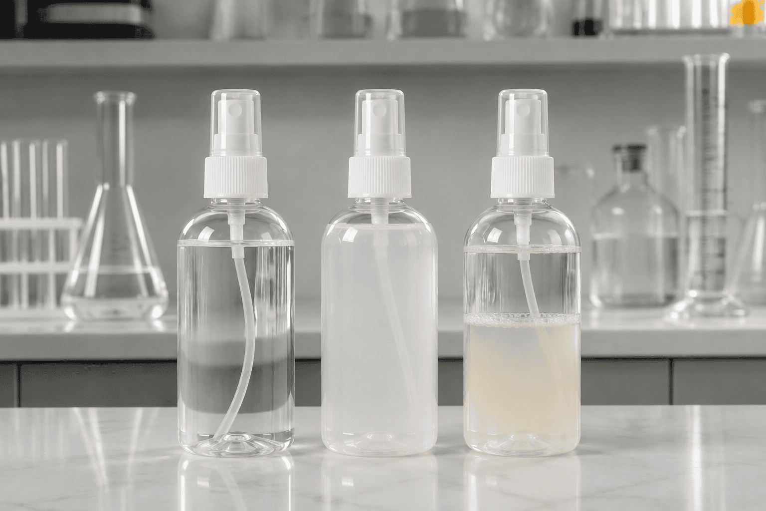Technicien comparant des échantillons aqueux transparents, troubles et séparés