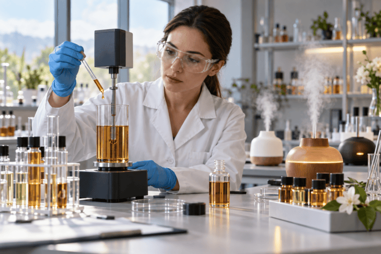 Scientist measuring aroma diffuser oil viscosity and atomization performance