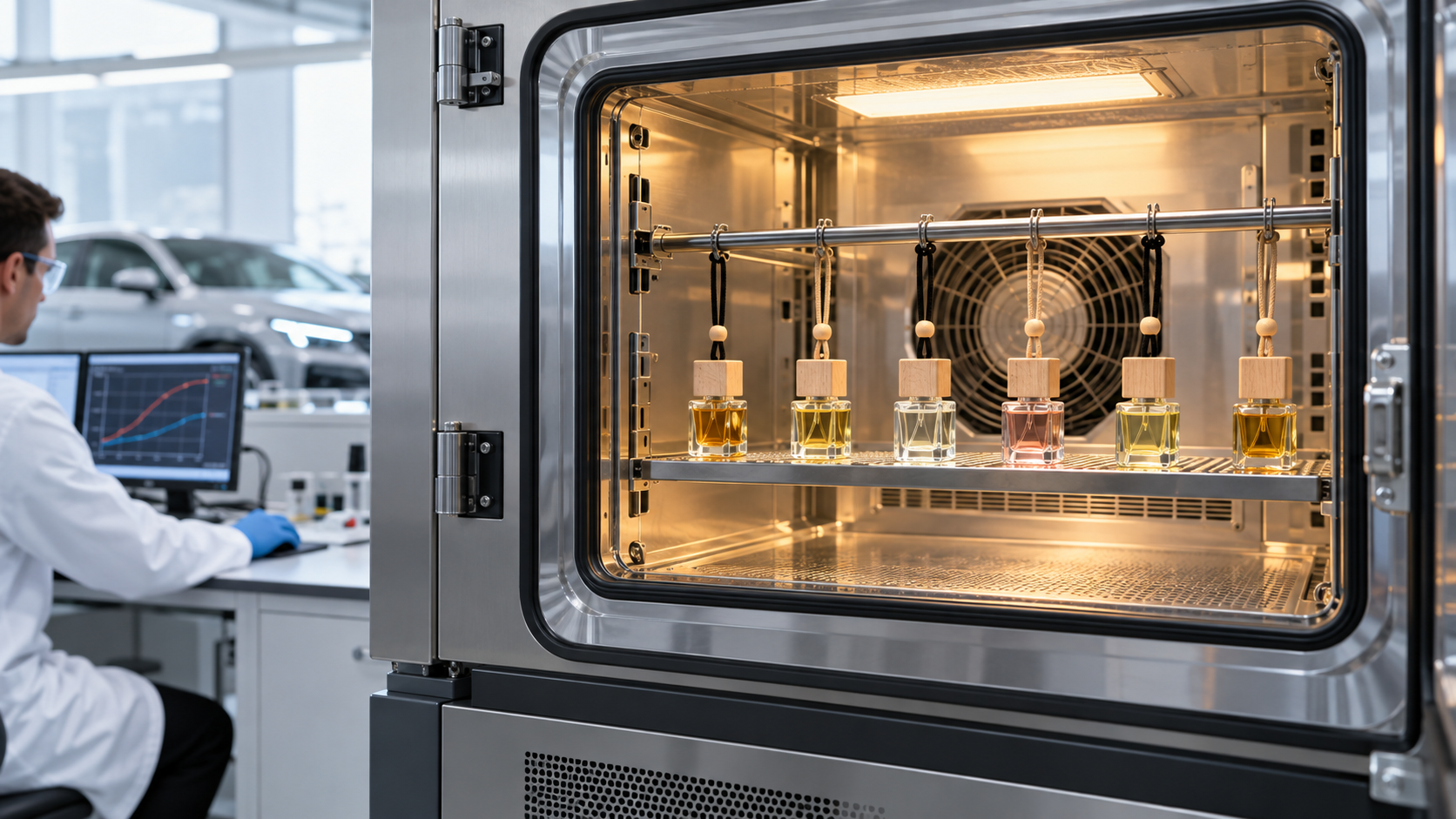 Car perfume fragrance oils undergoing heat stability testing