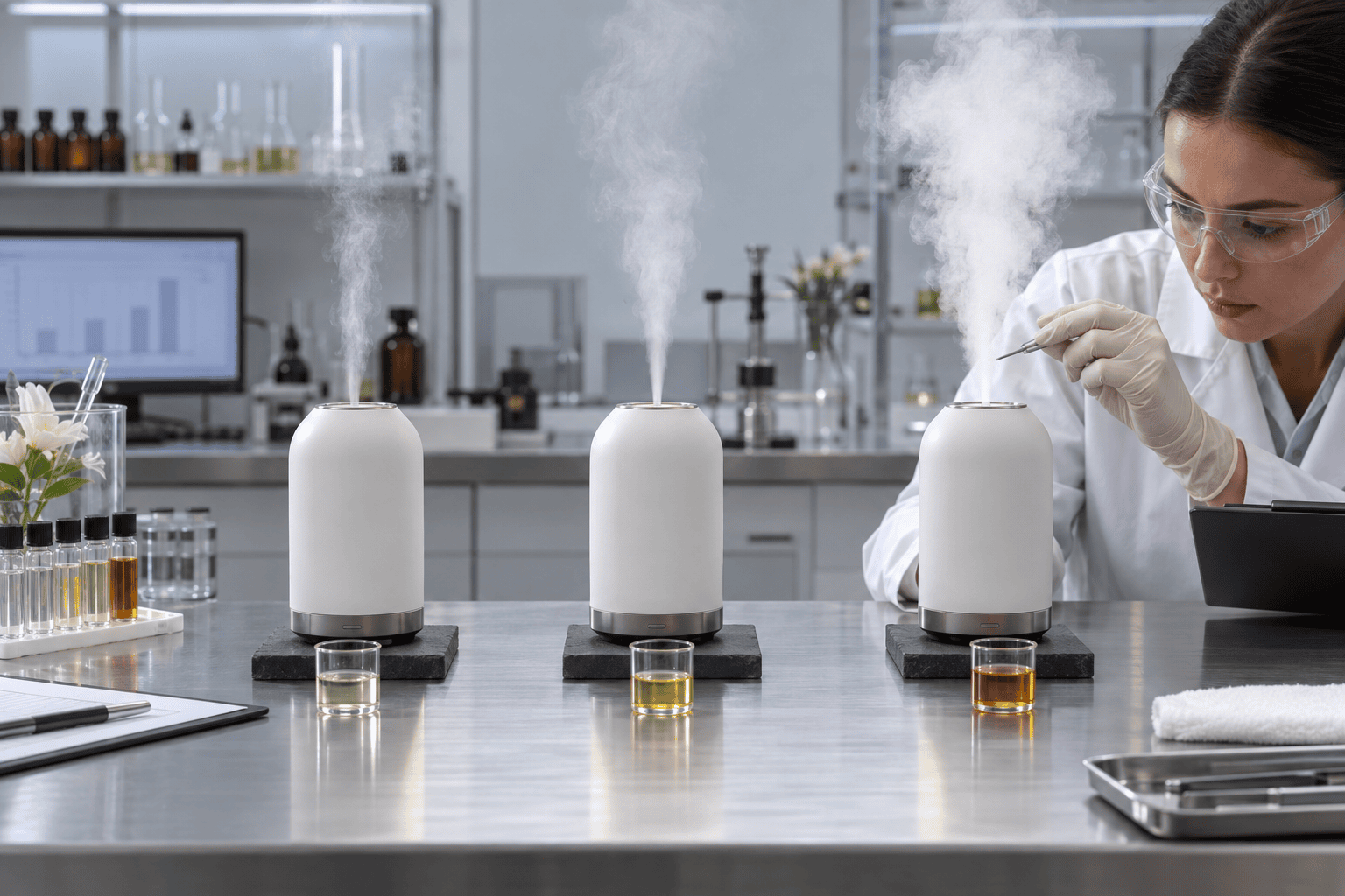 Cold-air diffusers compared for mist output at different oil viscosities