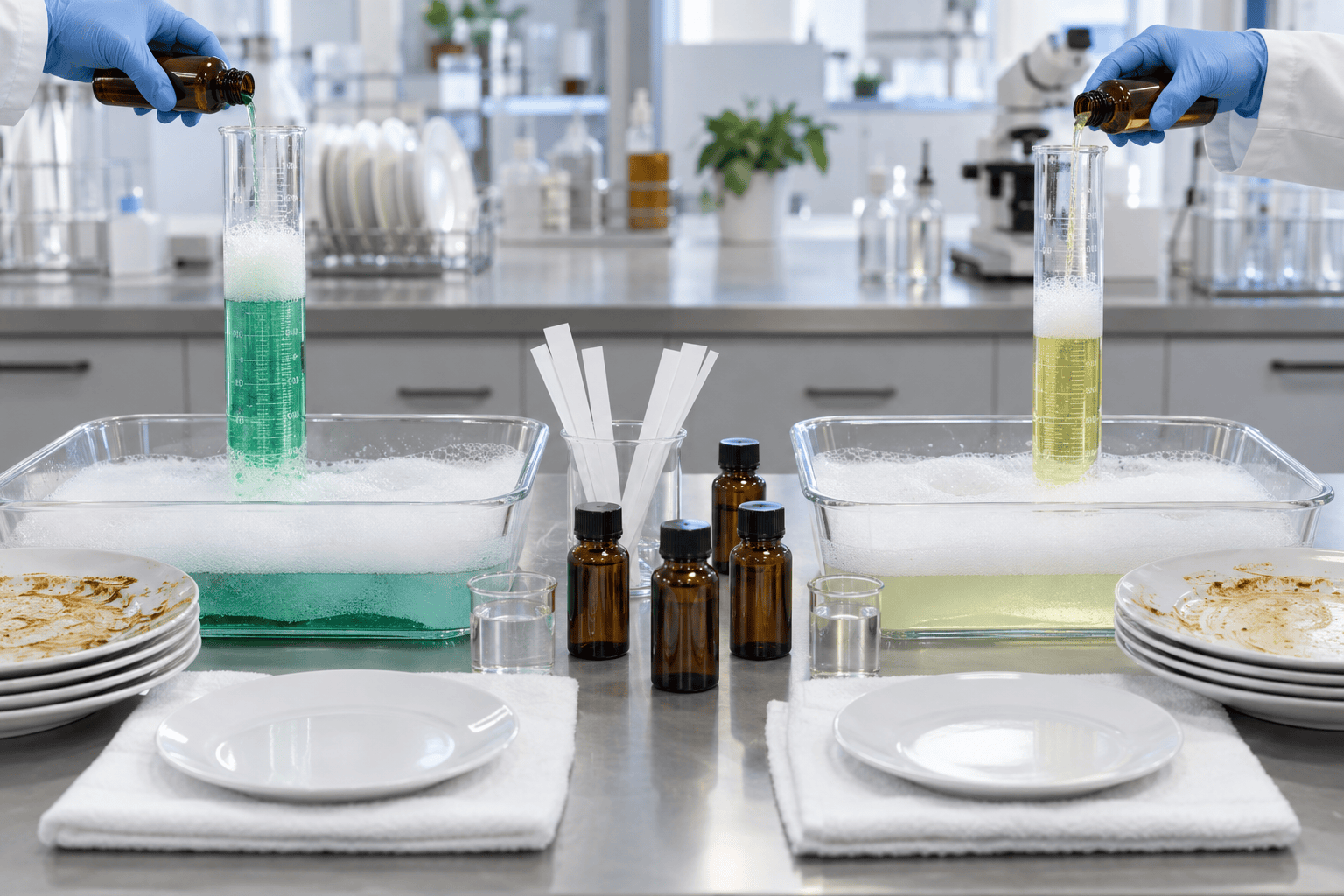 Dishwashing liquid fragrance evaluated for foam and food-odor control