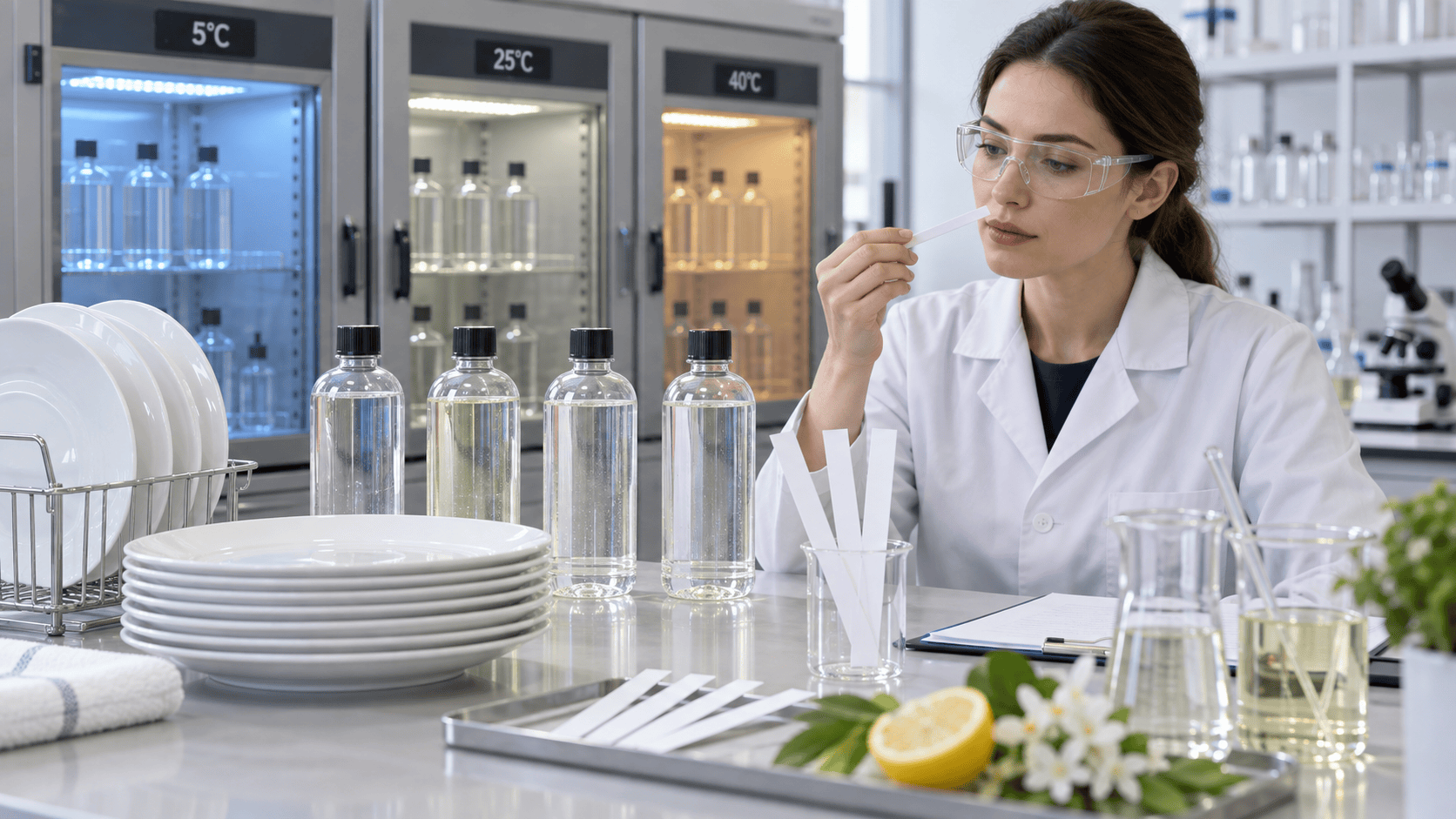 Dishwashing fragrance samples undergoing stability and sensory testing