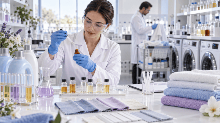 Fragrance oil for fabric softener tested in a laundry application laboratory