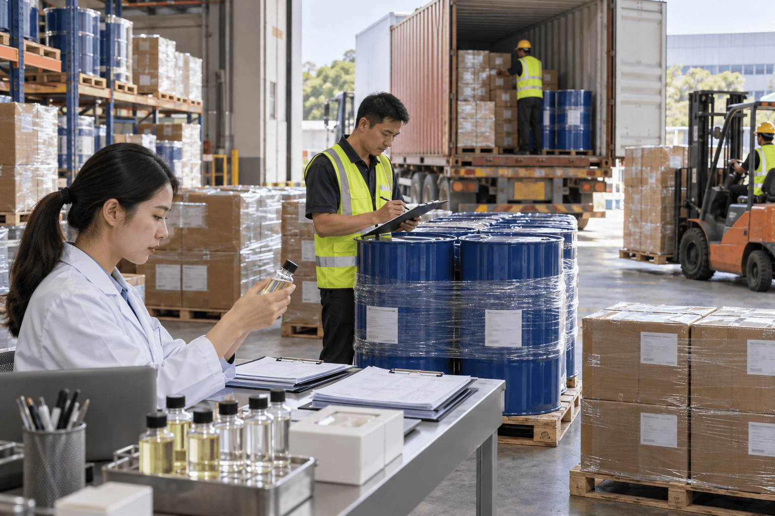 Fragrance oil drums and cartons prepared with export logistics documents