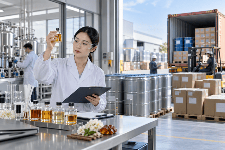 Quality specialist reviewing fragrance oil for export from a China factory