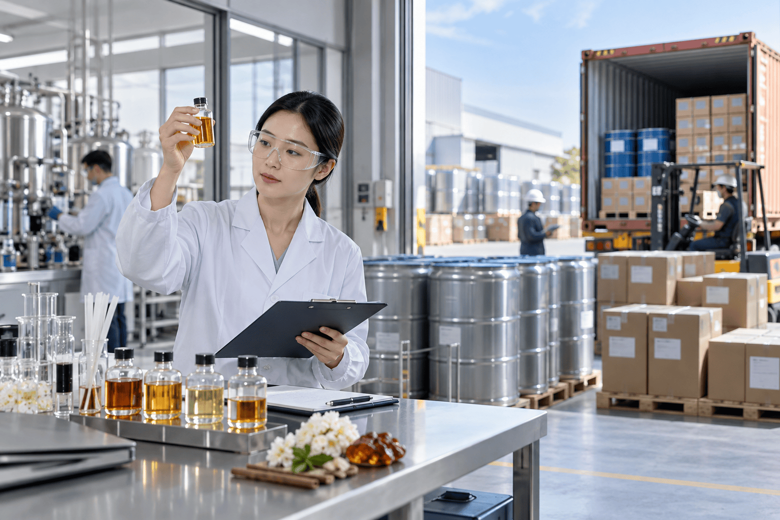 Quality specialist reviewing fragrance oil for export from a China factory