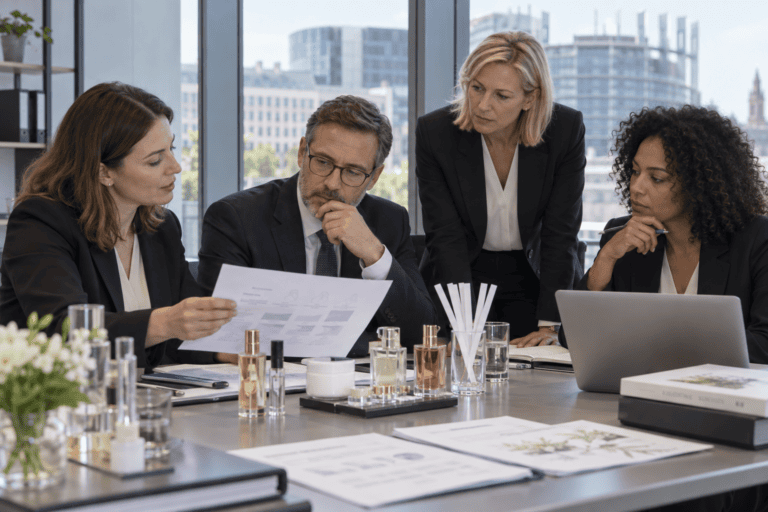European fragrance regulatory specialists discussing EU Omnibus VI