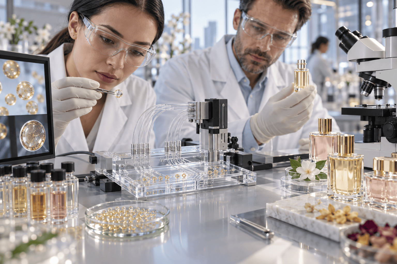 Illustration éditoriale de la microencapsulation de parfums dans un laboratoire