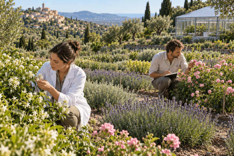 Scientists examining aromatic plants at a natural perfumery research field in Grasse