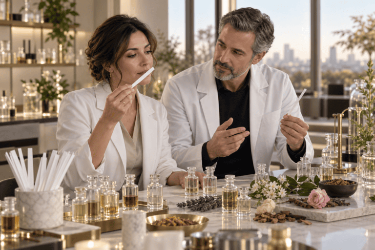 Two senior master perfumers collaborating and mentoring in a fragrance laboratory