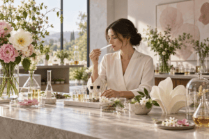 Perfumer developing a modern floral fragrance trend in a creative studio