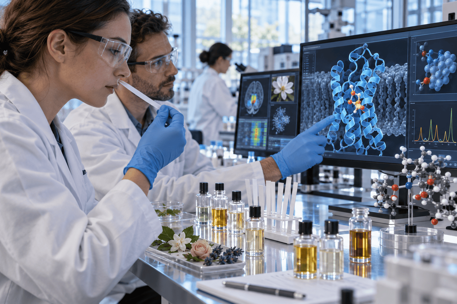 Illustration éditoriale de scientifiques étudiant les récepteurs et la perception olfactive en laboratoire