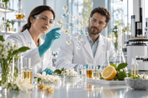 Scientists evaluating a safe-by-design fragrance ingredient in an aroma chemistry laboratory