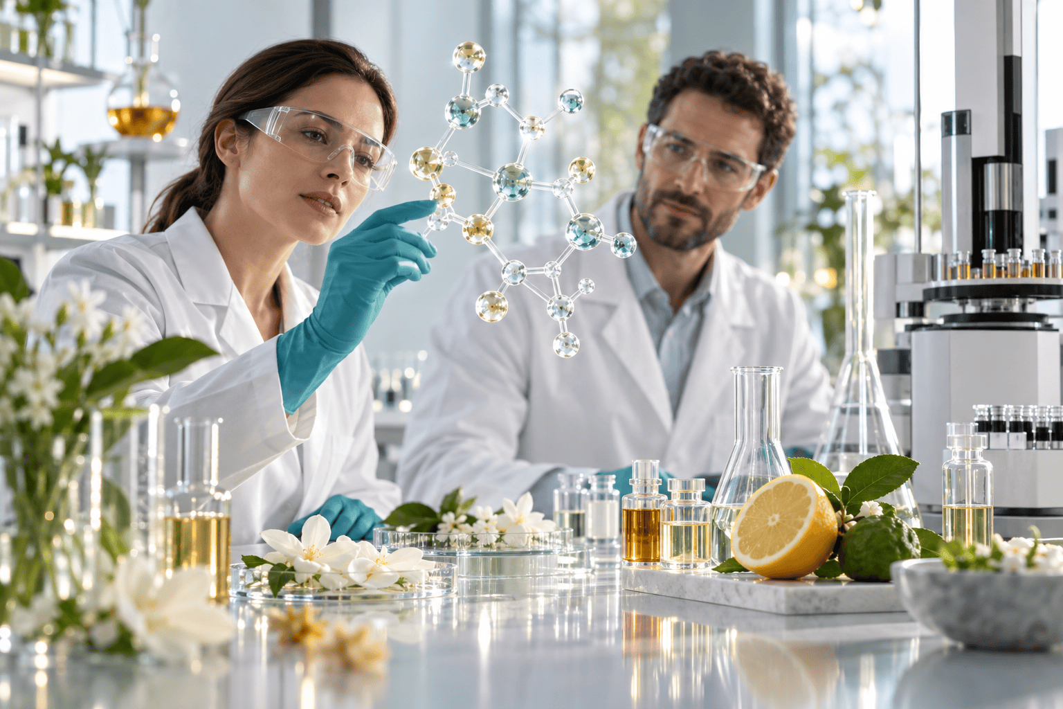 Scientists evaluating a safe-by-design fragrance ingredient in an aroma chemistry laboratory