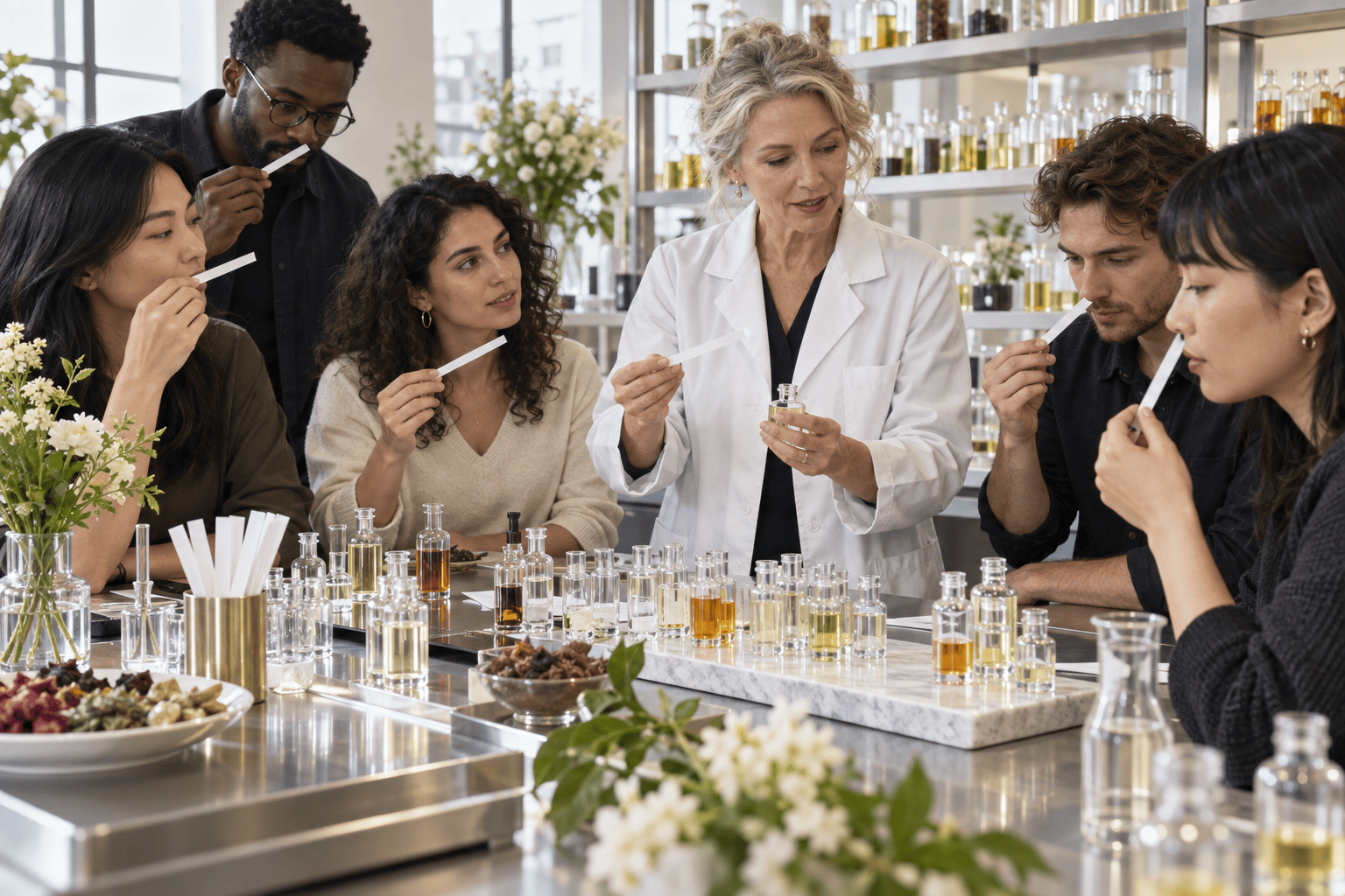 International students learning scent design in a professional perfumery laboratory