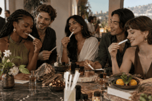 Friends sharing a warm social fragrance experience in a contemporary setting