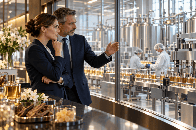 Business leaders reviewing fragrance manufacturing performance for Symrise H1 2026