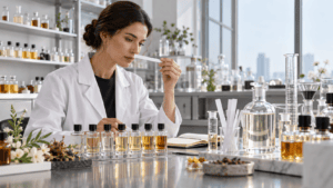 Perfumer developing perfume from fragrance oil and alcohol