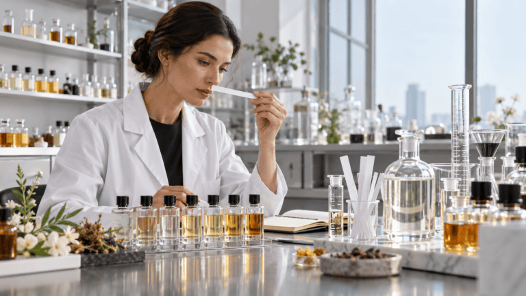 Perfumer developing perfume from fragrance oil and alcohol