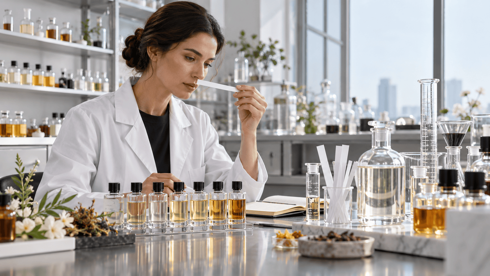 Perfumer developing perfume from fragrance oil and alcohol