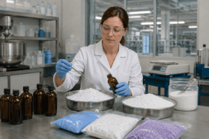 Scientist evaluating powder detergent fragrance stability in a laboratory