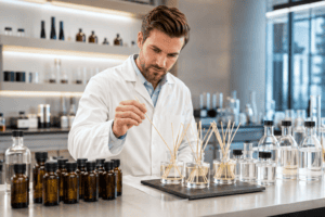 Technician evaluating reed diffuser base compatibility in a fragrance laboratory