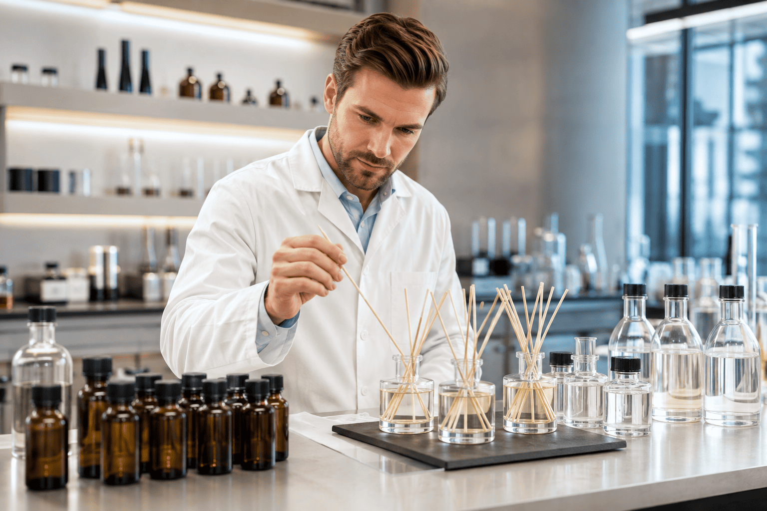 Teknisi mengevaluasi kompatibilitas basis reed diffuser di laboratorium parfum
