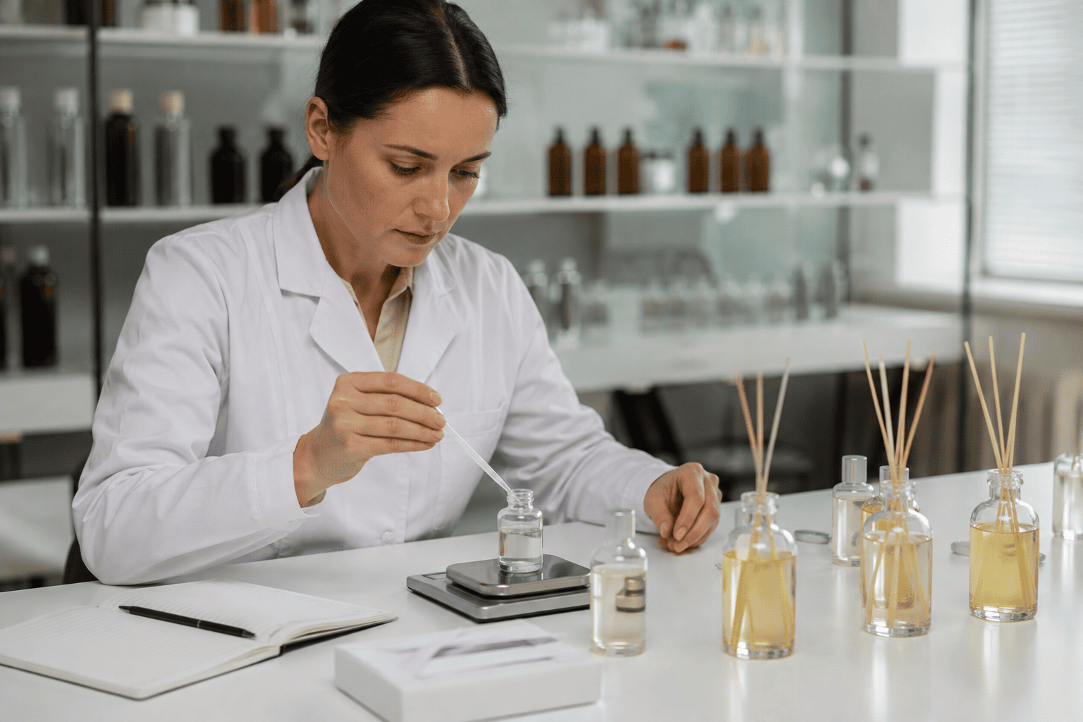 Teknisi mengukur penguapan dan kinerja difusi aroma reed diffuser