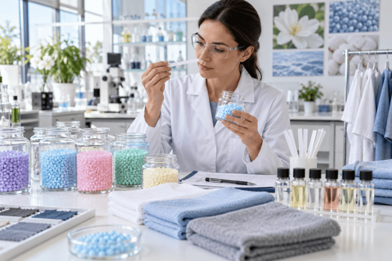 Scientist evaluating scent booster fragrance beads and fabric performance