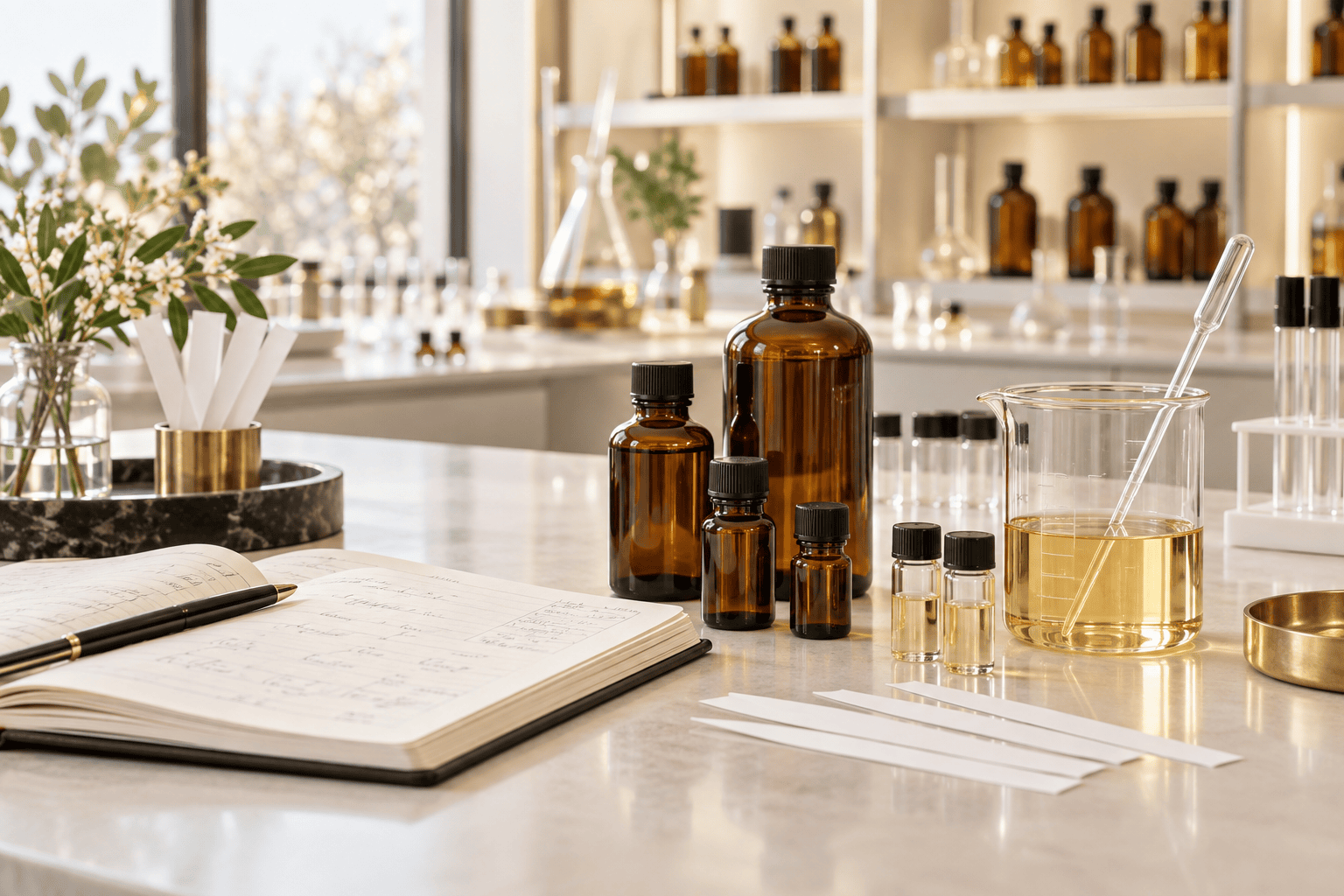 Fragrance oil formula development with amber samples, scent blotters and laboratory glassware