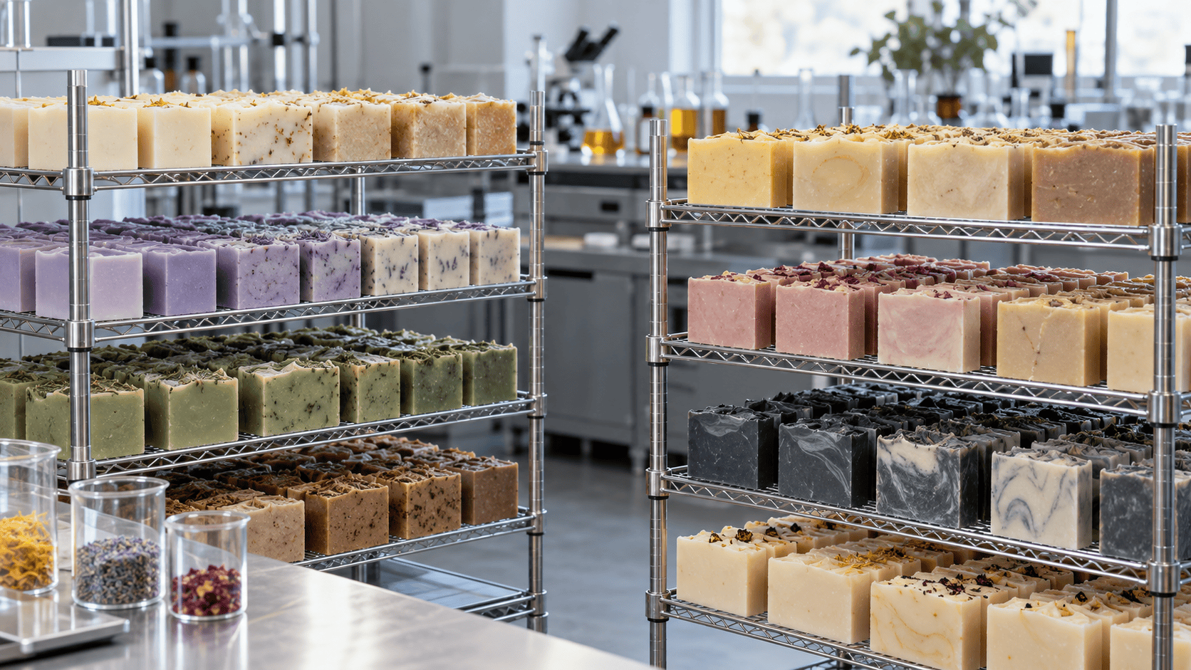 Cold process soap bars curing for discoloration and scent retention tests