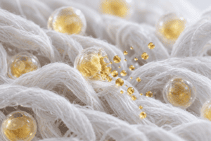 Conceptual illustration of fragrance microcapsules on cotton fibers