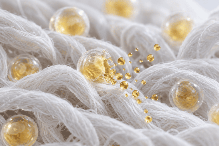 Conceptual illustration of fragrance microcapsules on cotton fibers