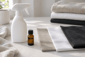 Fabric refresher spray bottle with linen, cotton and polyester swatches