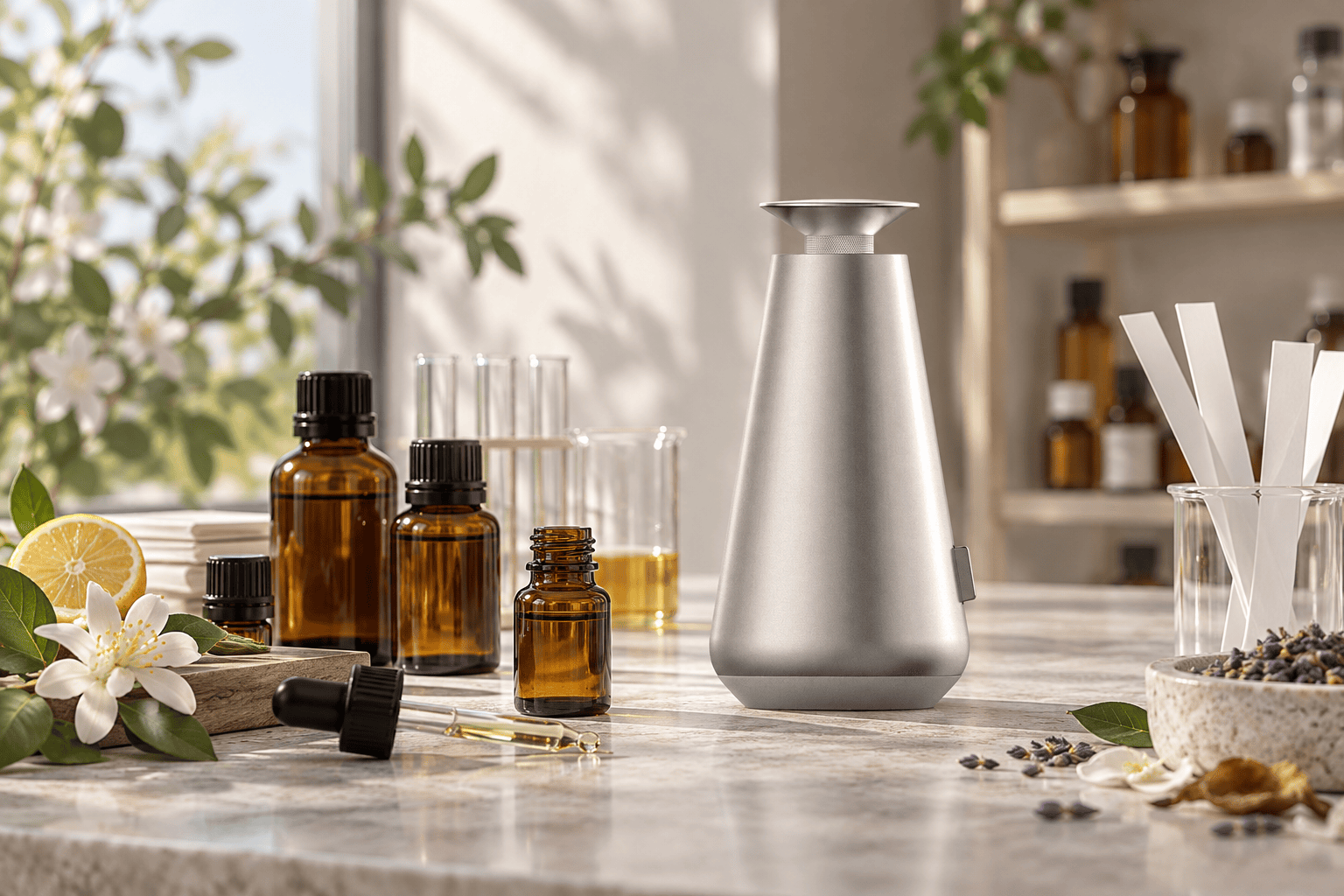 DECOPRO nebulizing diffuser beside fragrance oil samples