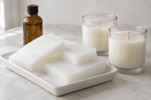 Paraffin wax slabs and fragrance samples beside glass jar candles