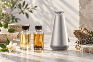 DECOPRO diffuser beside clean and sediment-containing fragrance samples