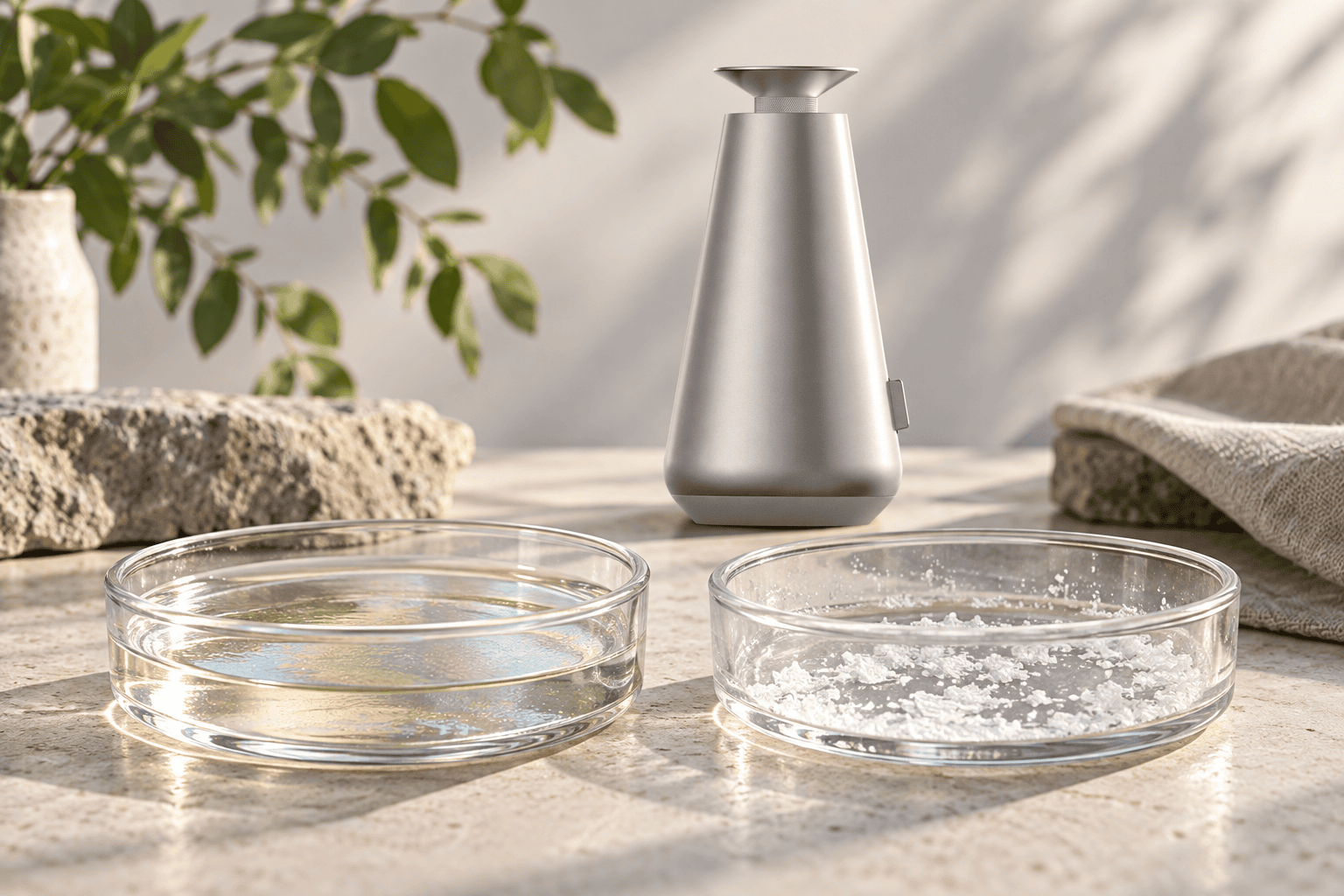 Glass dishes comparing oil film and mineral deposits beside a DECOPRO diffuser