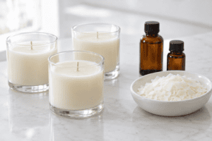 Soy wax flakes and fragrance oil beside glass jar candles