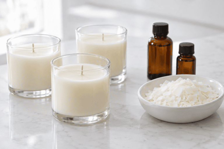 Soy wax flakes and fragrance oil beside glass jar candles