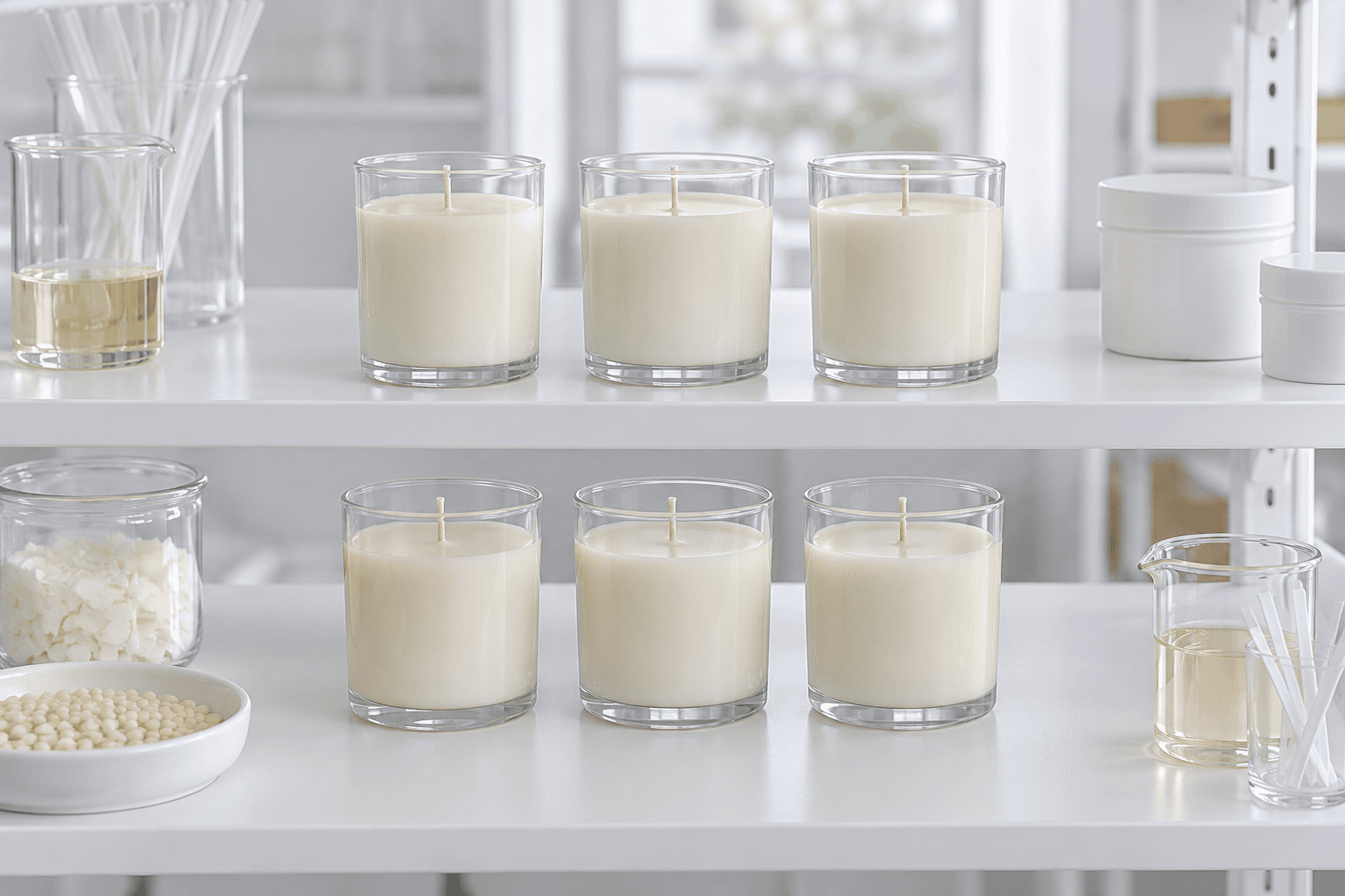 Matched soy wax candles arranged for cure-time comparisons