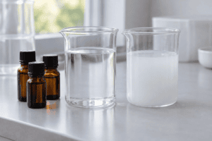 Fragrance oil samples beside clear and cloudy water dispersions
