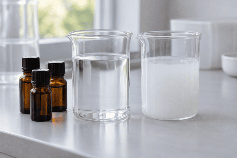 Fragrance oil samples beside clear and cloudy water dispersions