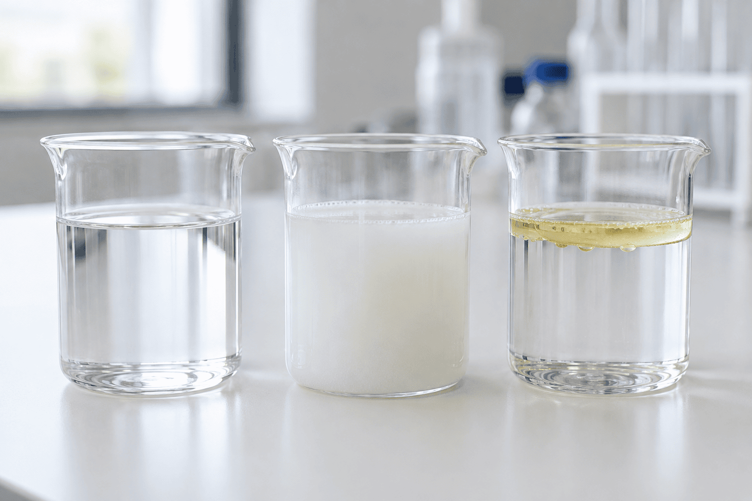 Glass beakers comparing clear dispersion, haze and floating fragrance oil