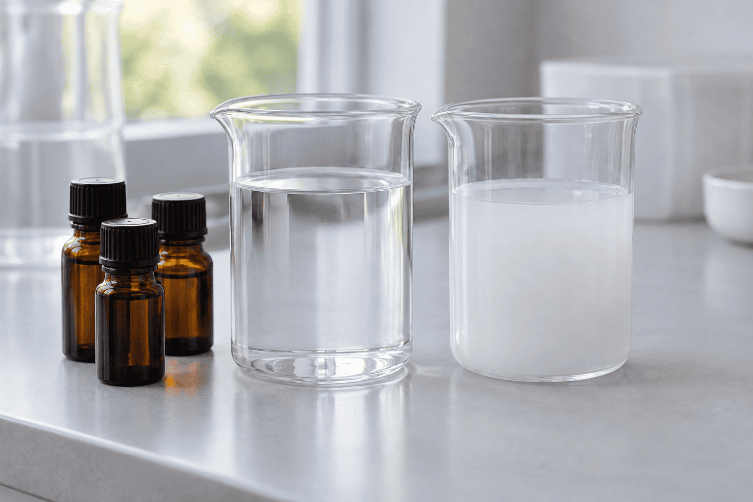 Fragrance oil samples beside clear and cloudy water dispersions