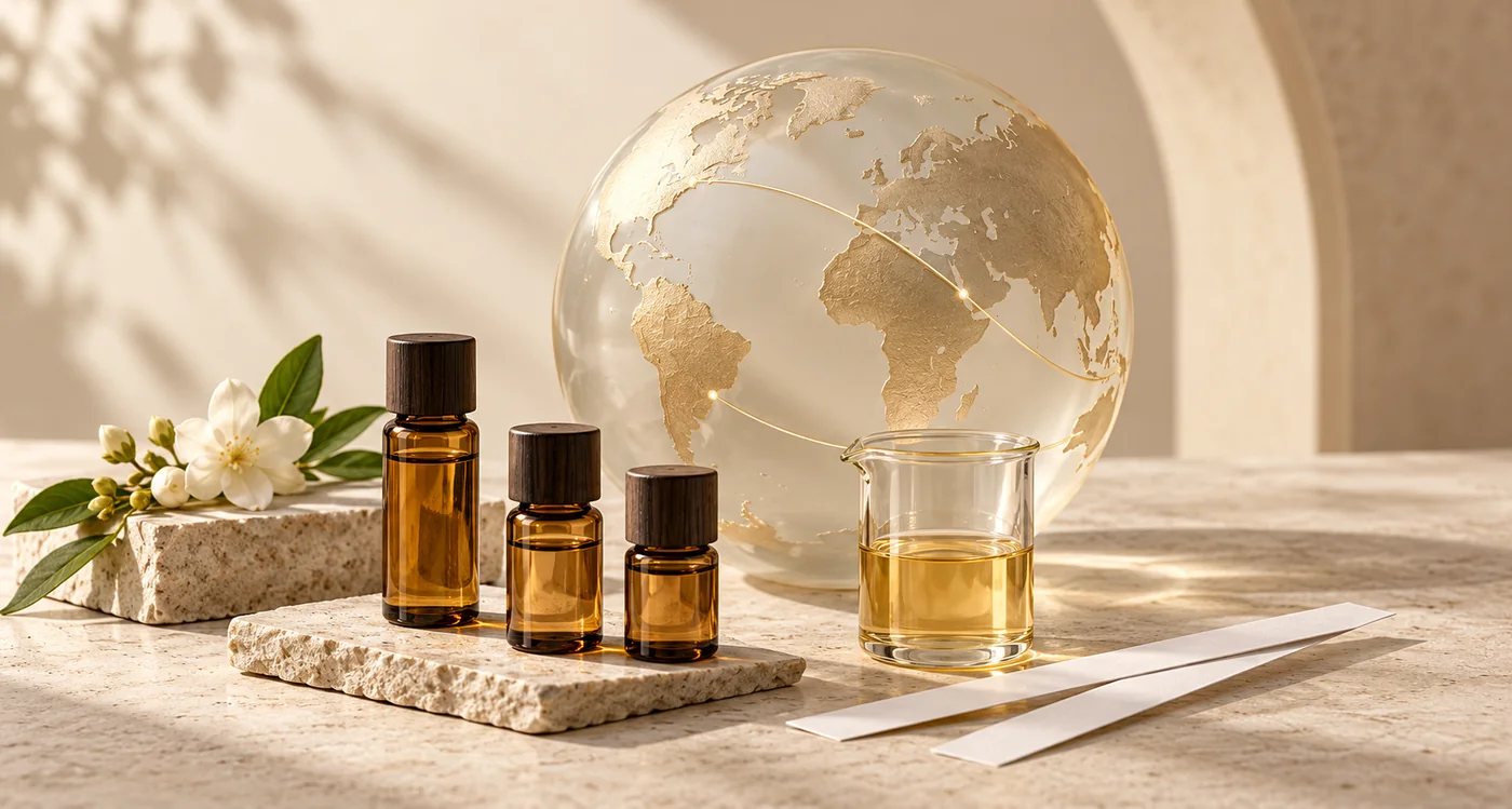 Fragrance oil samples and a globe representing international supply